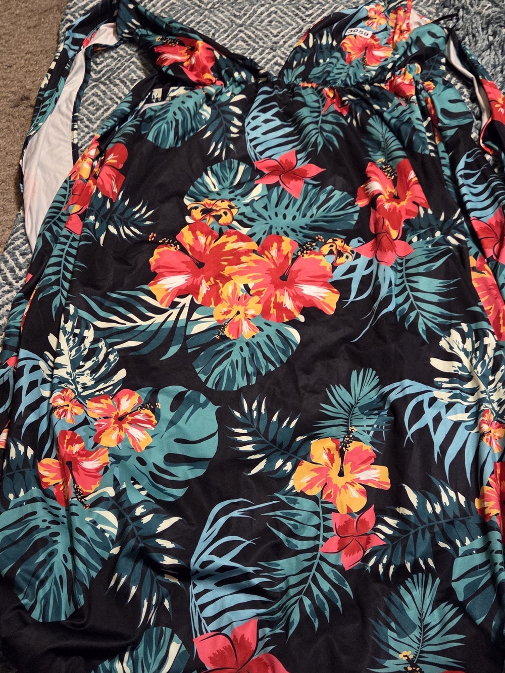 Tropical Floral V-Neck Long  Dress - Black with Teal & Coral Floral